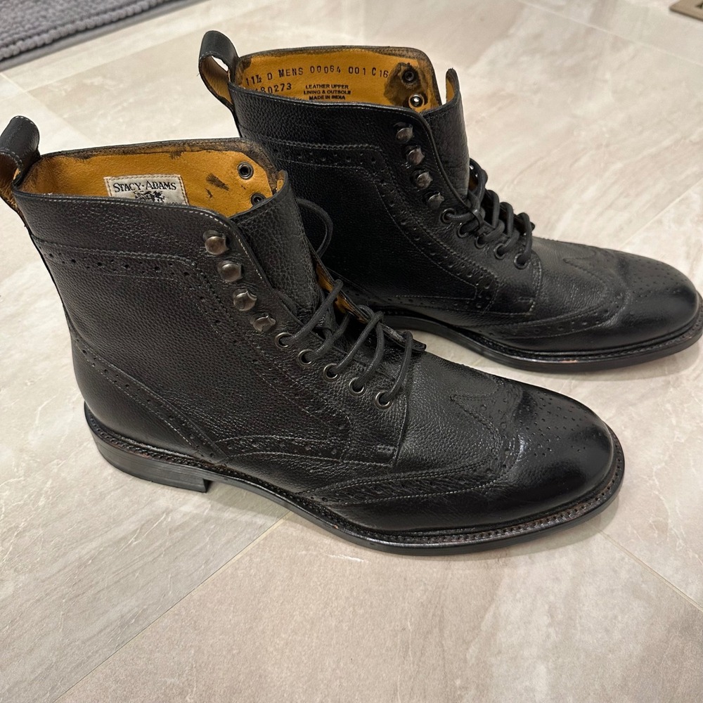 Stacy Adams Madison II Wingtip Dress Boots Black Pebble Grain Leather 11.5 D